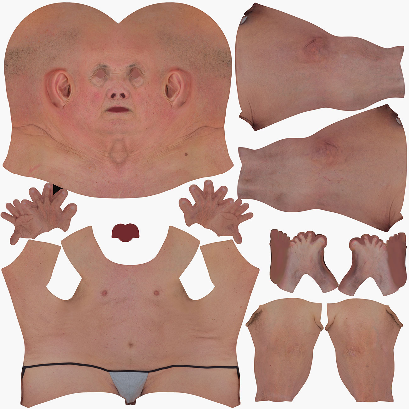 UV unwrap layout for an older male full body 3D scan showing low-distortion texture coordinate mapping